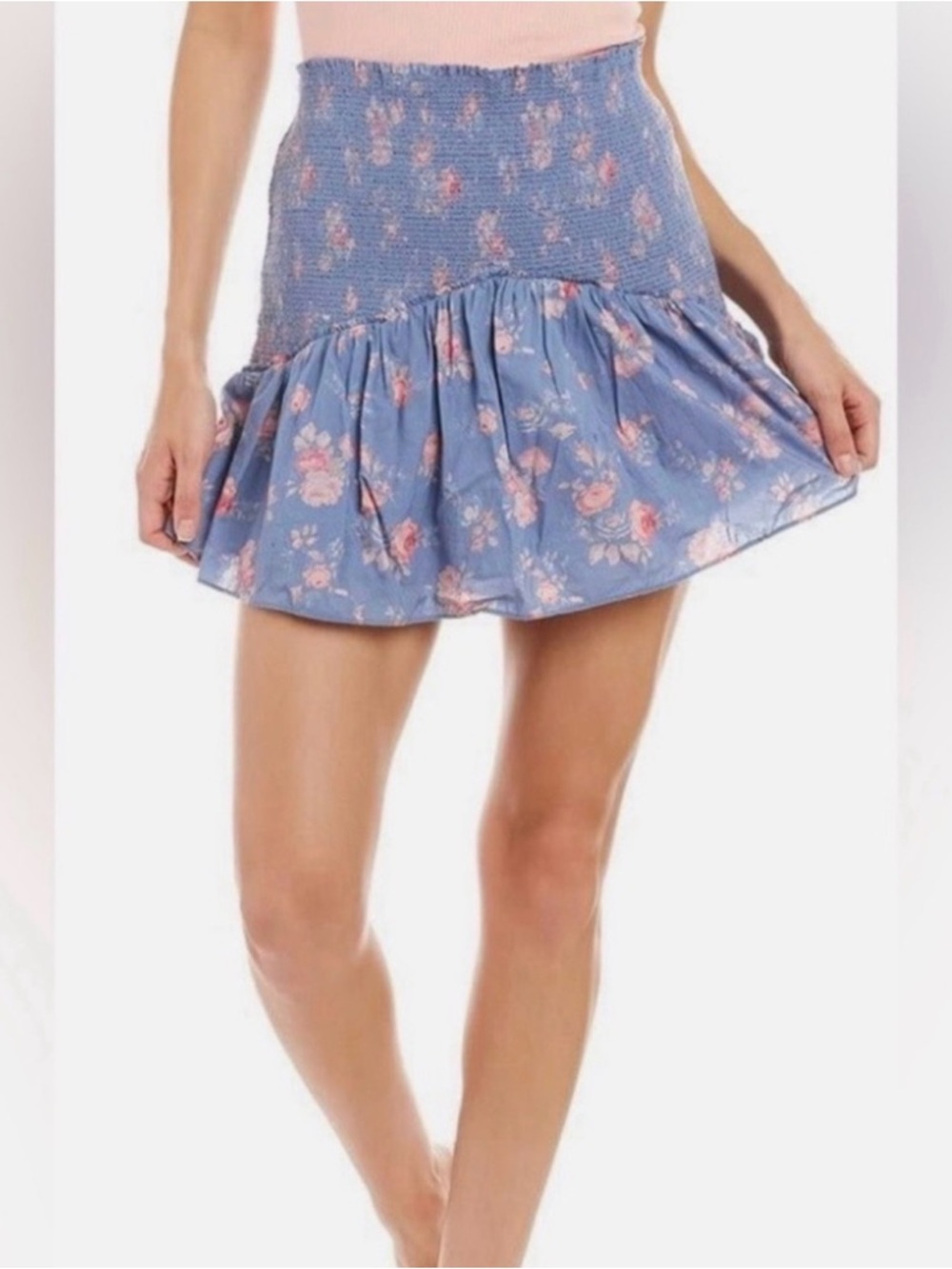 LoveShackFancy Blue Floral Smocked Mini Skirt